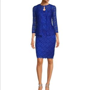Scalloped Glitter Lace Scoop Neck 3/4 Sleeve 2-Piece Jacket Dress